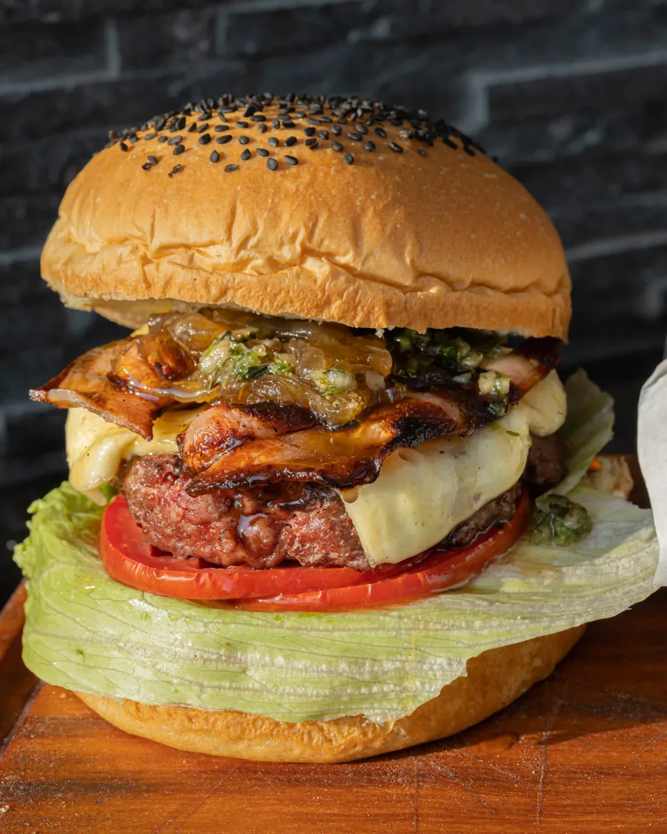 La Fuego Burger, hamburguesa con tocino, queso gouda y cebolla caramelizada en pan brioche
