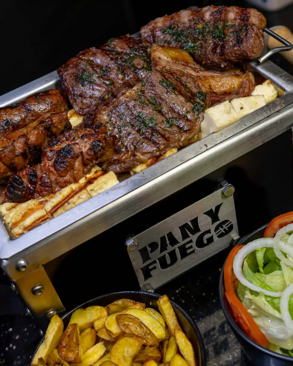 Parrilla Internacional, selección de cortes angus, molleja de res, queso paria y chorizos finas hierbas